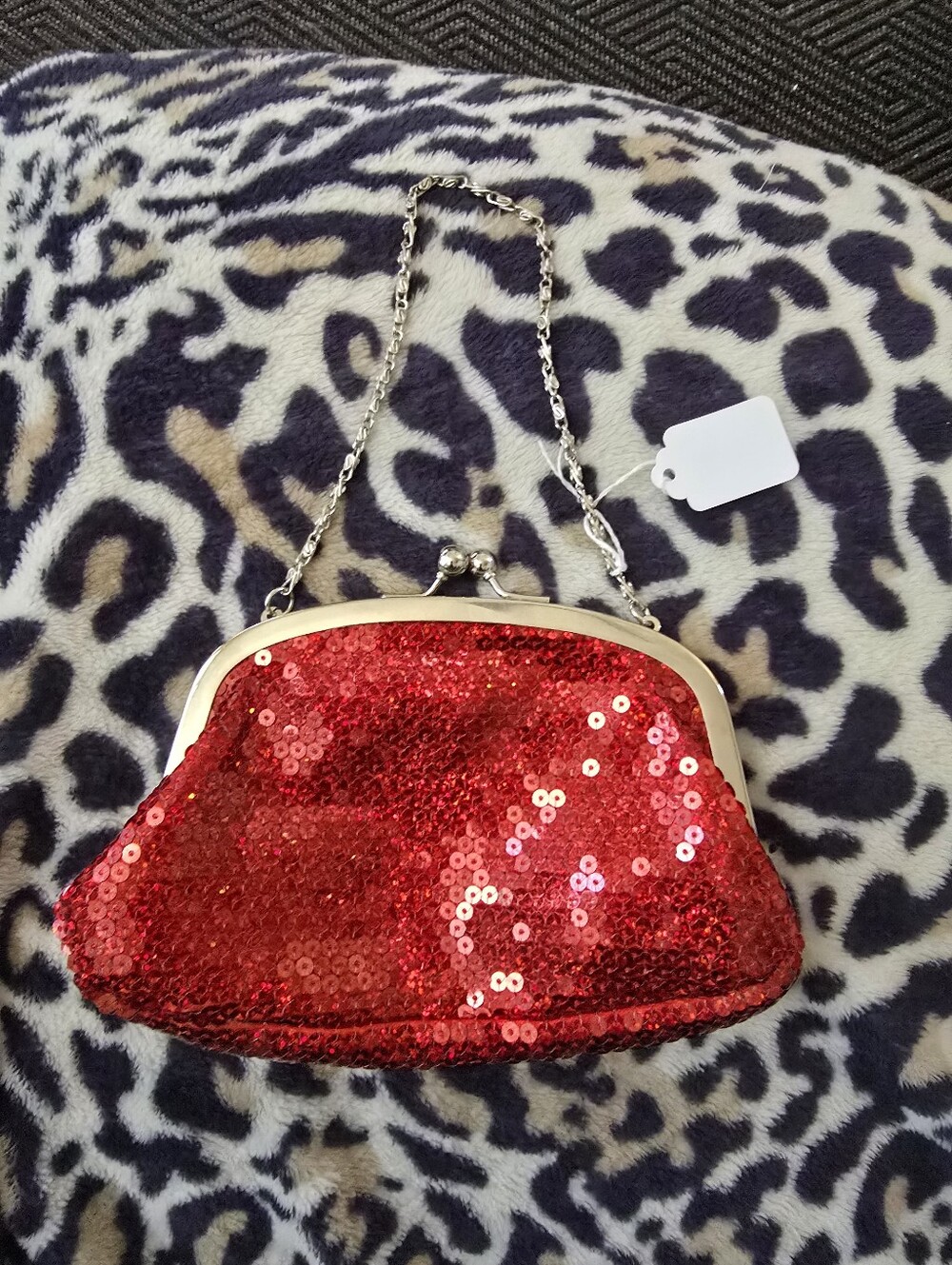 Vintage Red Sequin Evening Clutch Bag with Chain 8 X5 Inches